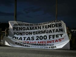 Usai Pilar Jembatan Mahulu Ditabrak, Satpol PP Kaltim Pasang Spanduk Pembatasan Ponton di Atas 200 Feet